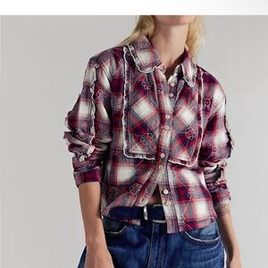 NWT We The Free Georgia flannel plaid embroidered button down shirt. Sz L